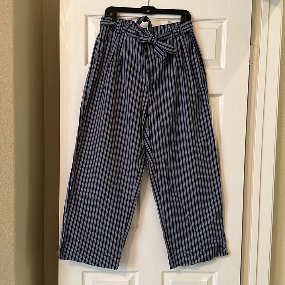 Blue and white pants with adjustable belt